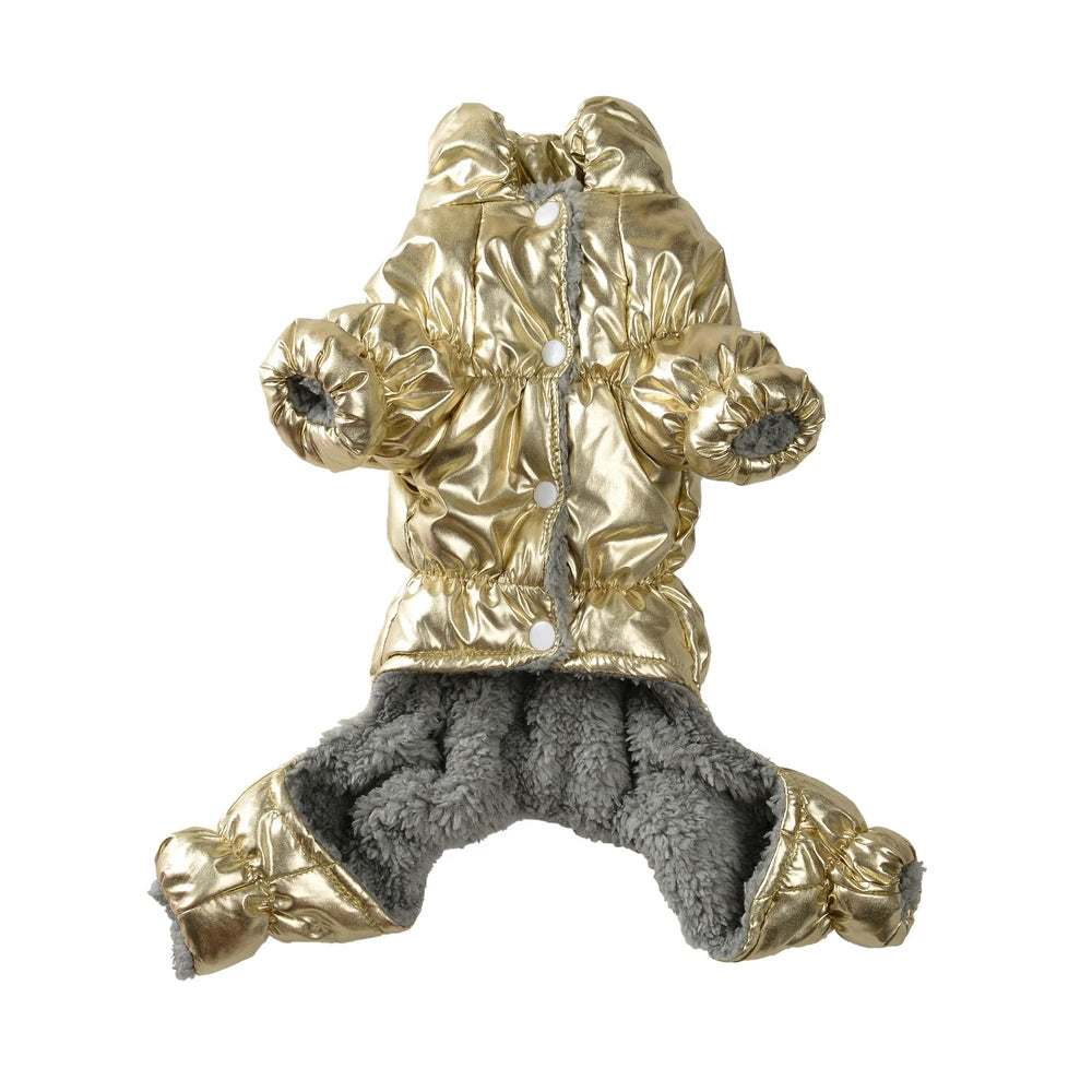A golden waterproof fleece-lined dog jumpsuit with a gray faux fur trim.