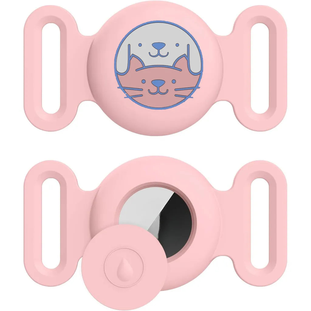 Rosa Silikon-AirTag-Halter mit kreisförmigem Fenster und kleinem Knopf für Tierhalsbänder.
