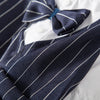 A navy blue striped tuxedo pet outfit for dogs or cats, featuring a bow tie detail.