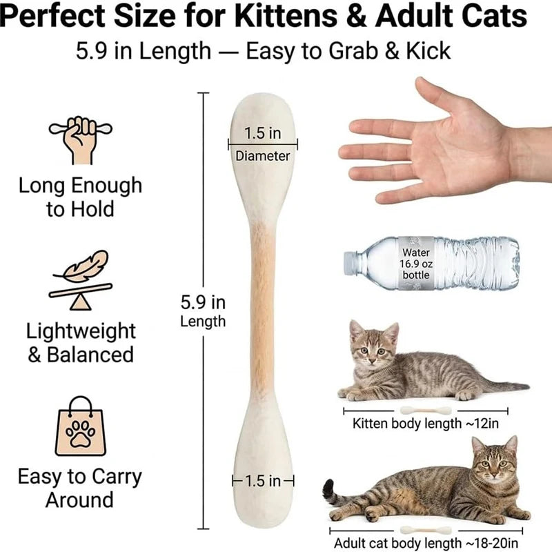 A wooden cat chew stick is shown next to a hand and a cat, illustrating its size and suitability for kittens and adult cats.