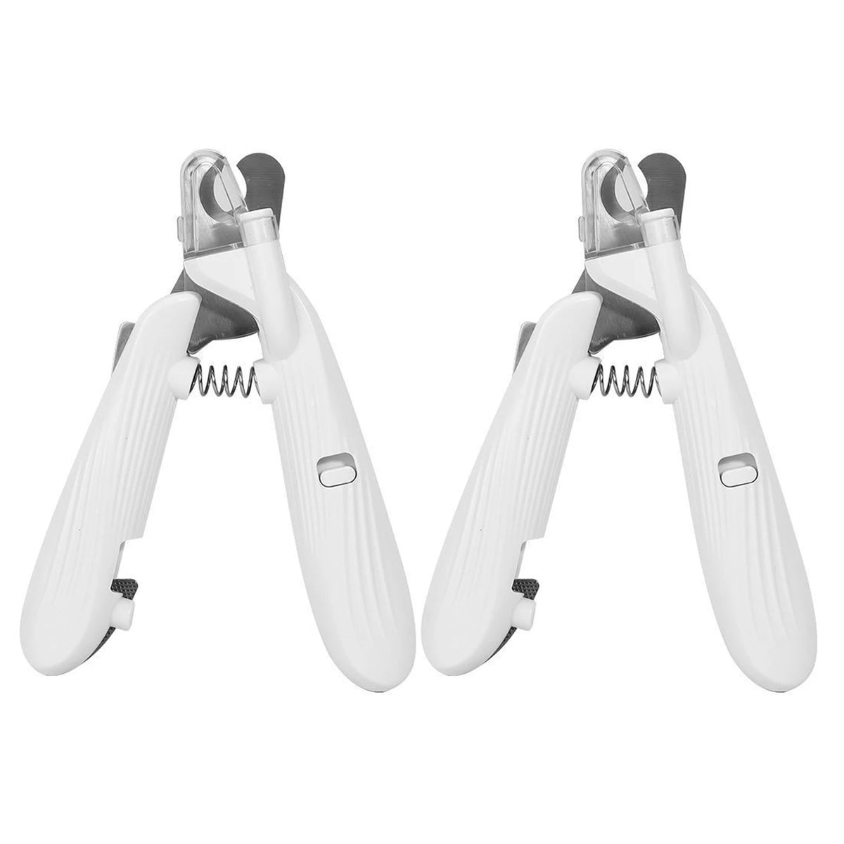 A pair of white pet nail clippers with safety guards and LED lights shown from the side.
