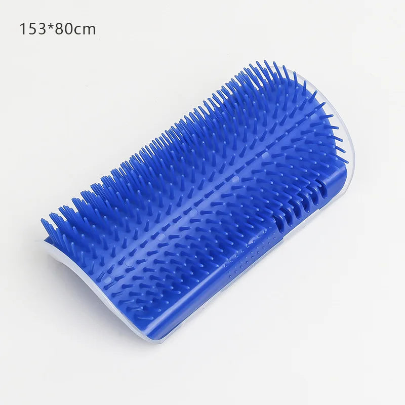 A blue silicone massage brush with numerous bristles is shown from above.