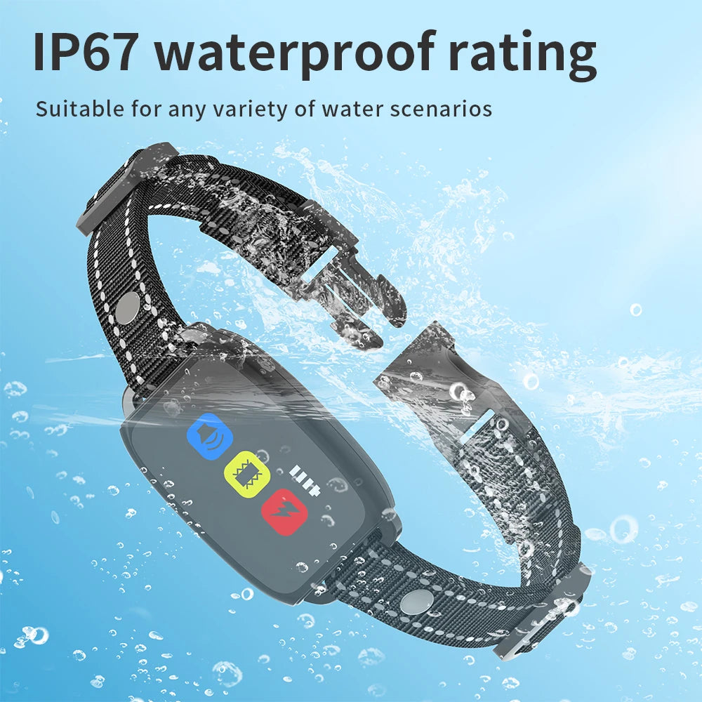 A dark gray dog training collar is shown against a blue, watery background, demonstrating its IP67 waterproof rating.