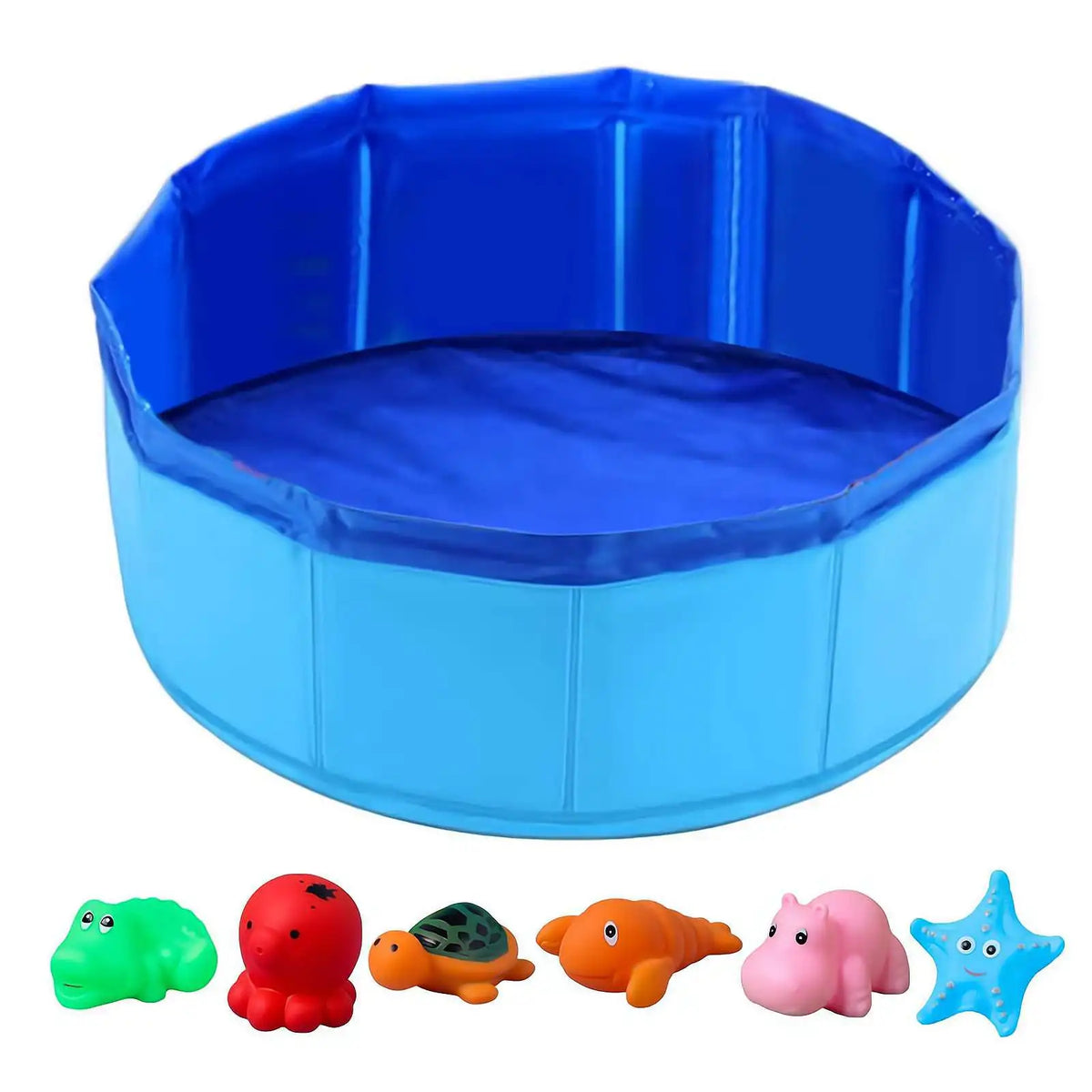 A blue foldable pet bathing pool with sea life shaped inserts and various small plastic animals.