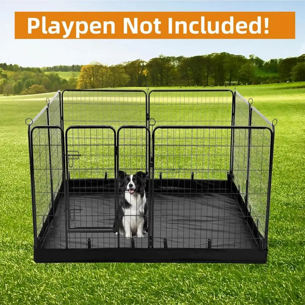 A black waterproof dog playpen mat with a wire mesh enclosure is shown outdoors on green grass.