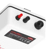 A white portable battery air pump with three black buttons and a silver switch.