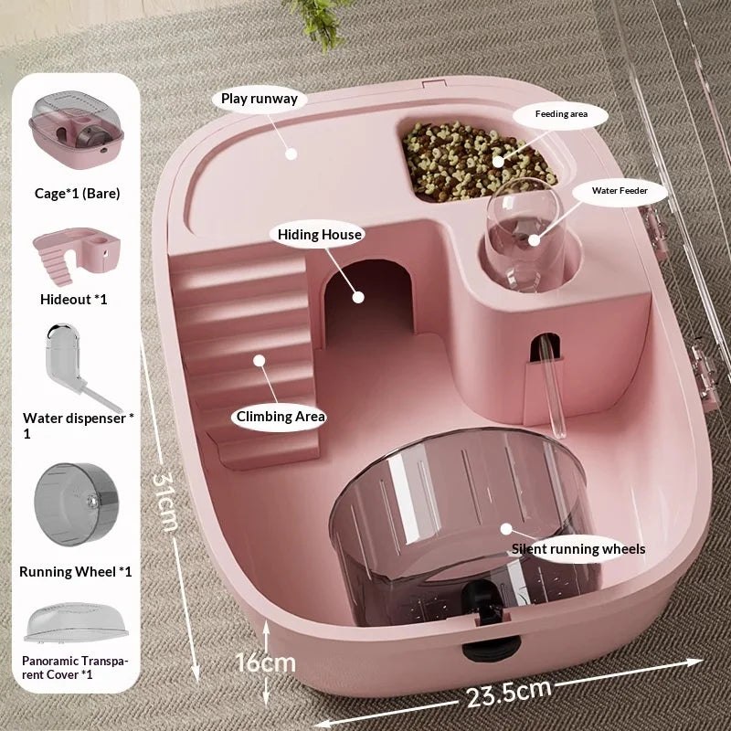 Rosa Hamsterrang-Gehege mit Spielbahn, Versteck und Futterbereich