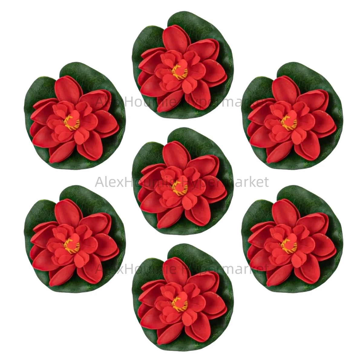 A set of seven red lotus flowers with green water lily pads floating on water.