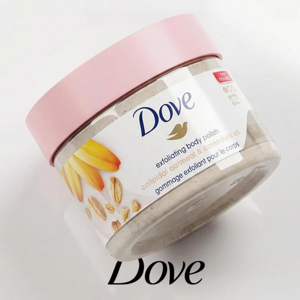 A jar of Dove exfoliating body polish with a pink lid and white label resting on a white surface.
