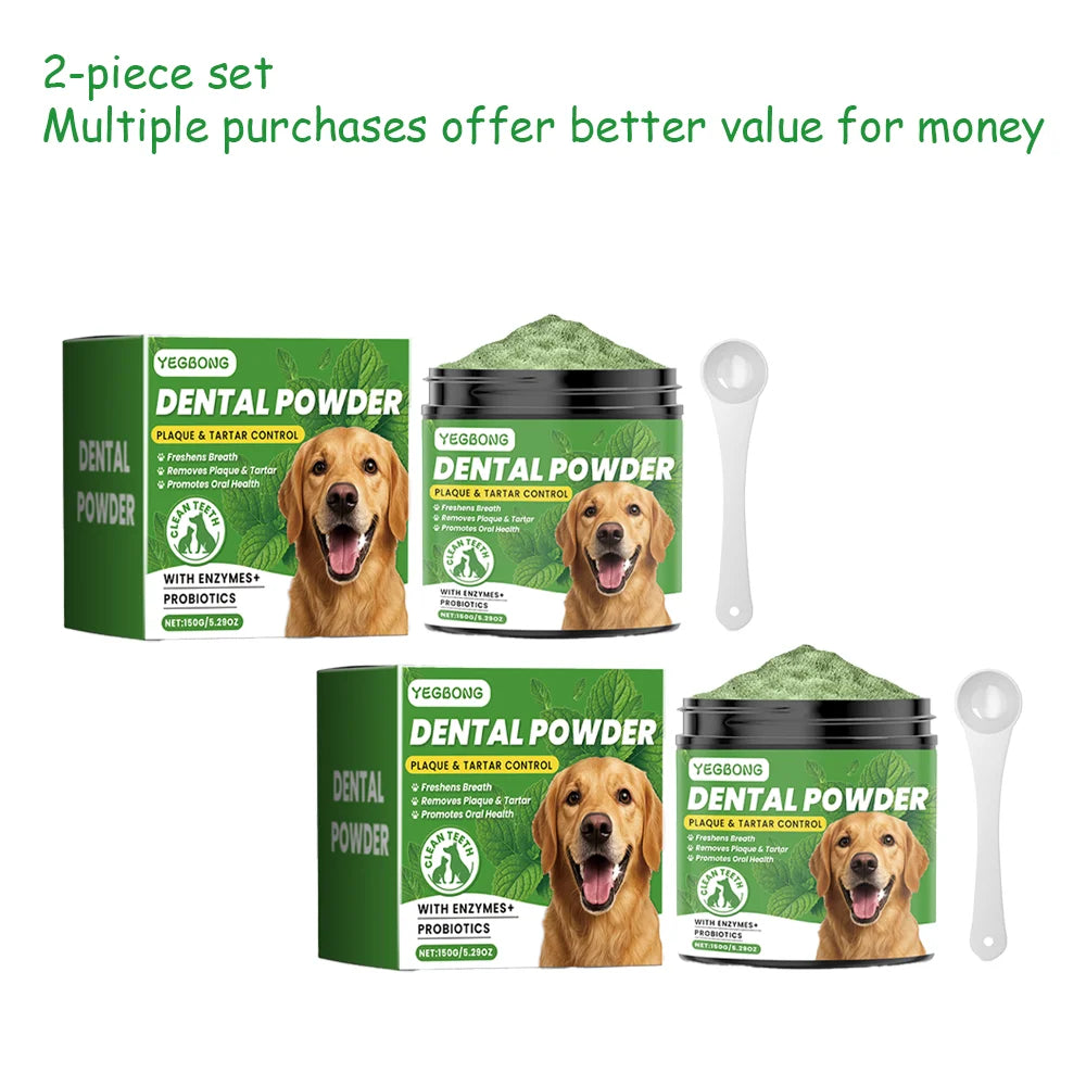 A set of two bags of dental powder for dogs, including powder and applicator tools.
