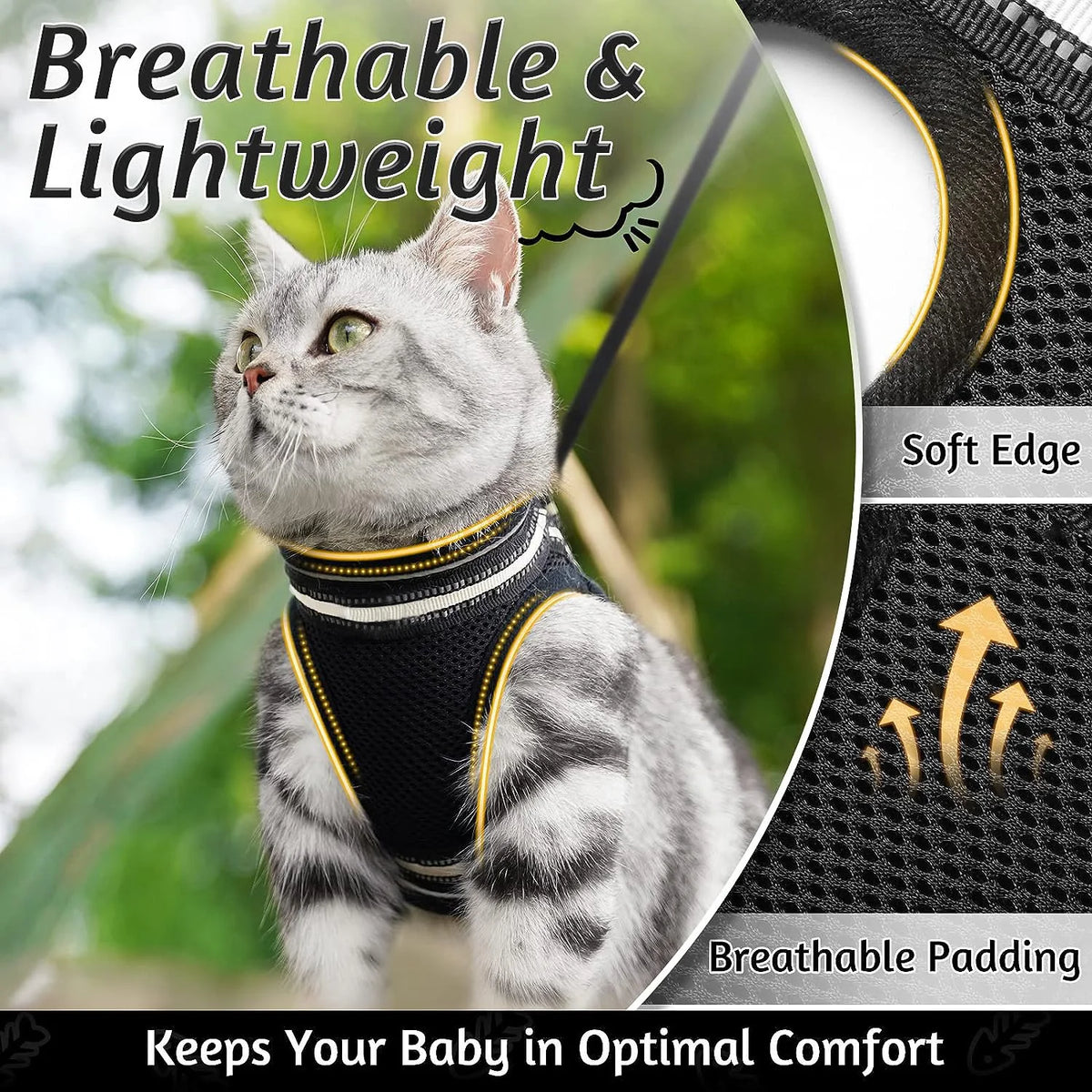 Escape-Proof Cat Harness and Leash Set with Reflective Strips