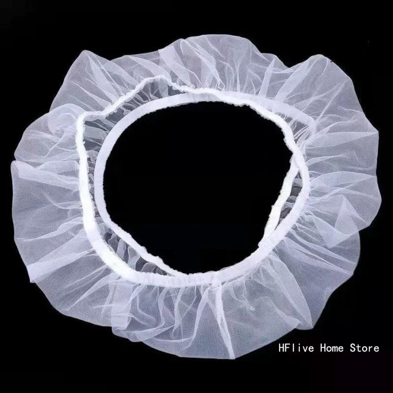White stretchy mesh bird cage cover with a ruffled edge.
