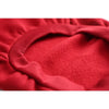 Nahaufnahme von rochem gemütlichem Fleece-Kapuzenpulloverstoff mit gerippten Bündchen und Kragen.