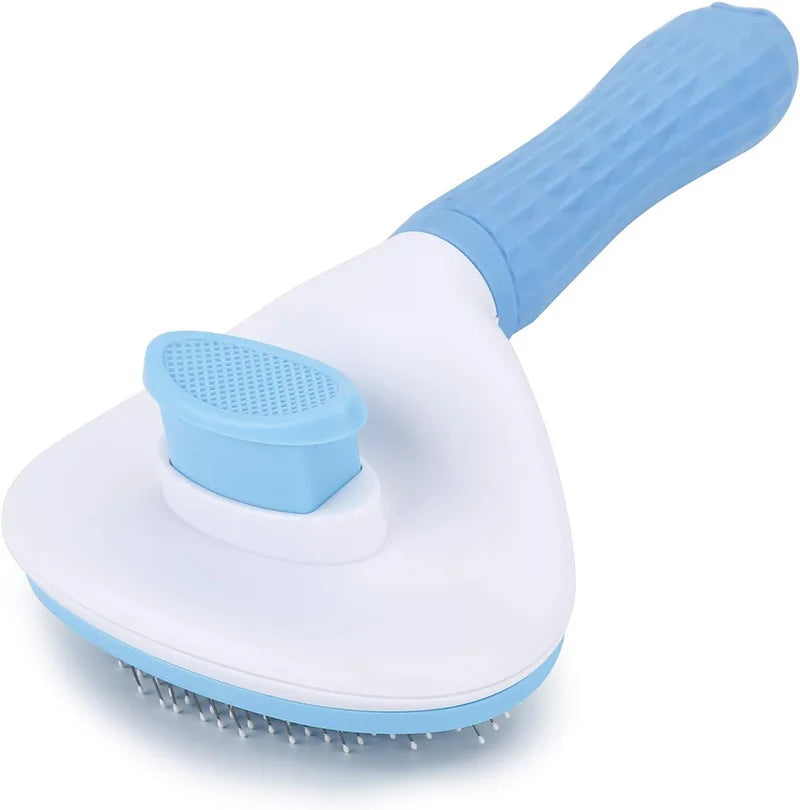 A white pet grooming brush with a light blue handle and cleaning bristles.