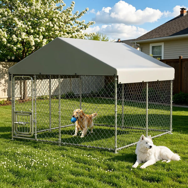 A heavy duty outdoor dog kennel with a beige waterproof cover and a feeding door set up in a grassy yard.