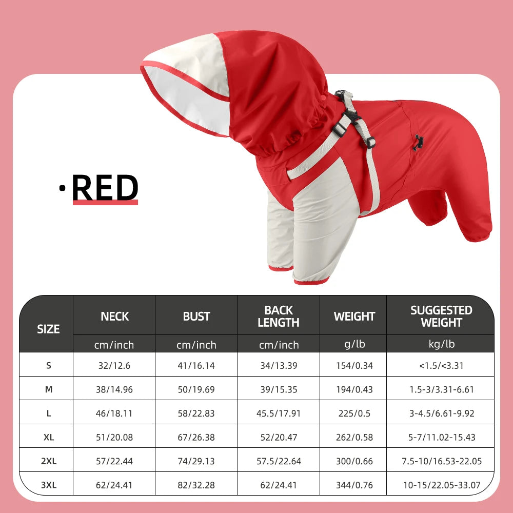 Double-Layer Waterproof Dog Raincoat with Built-in Harness and Detachable Hood
