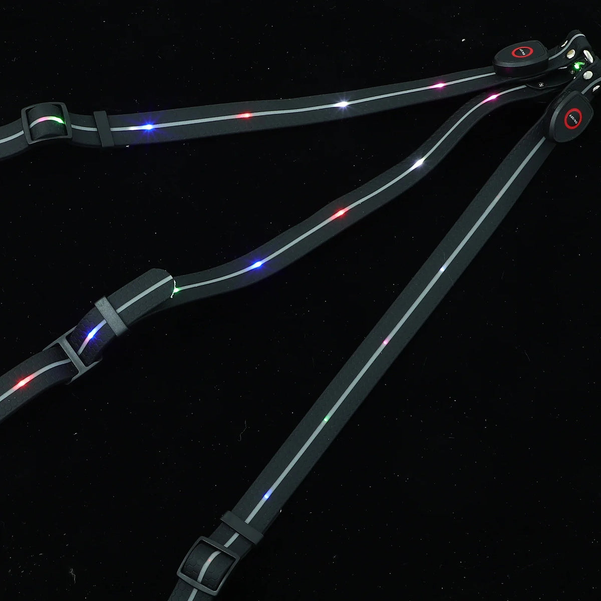 An LED horse breastplate for night riding safety, featuring illuminated straps and sensors.