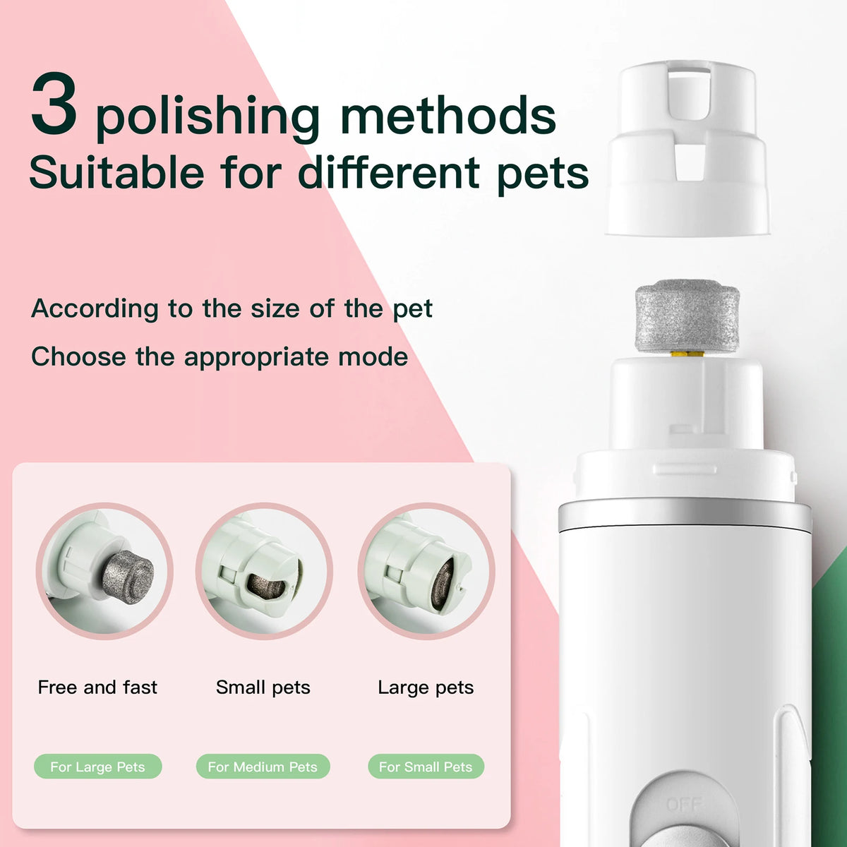 A white cordless electric pet nail grinder with polishing wheels shown alongside instructions for different pet sizes.