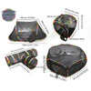 Foldable mesh cat play tunnel featuring a tent and cube design with various sizes shown.