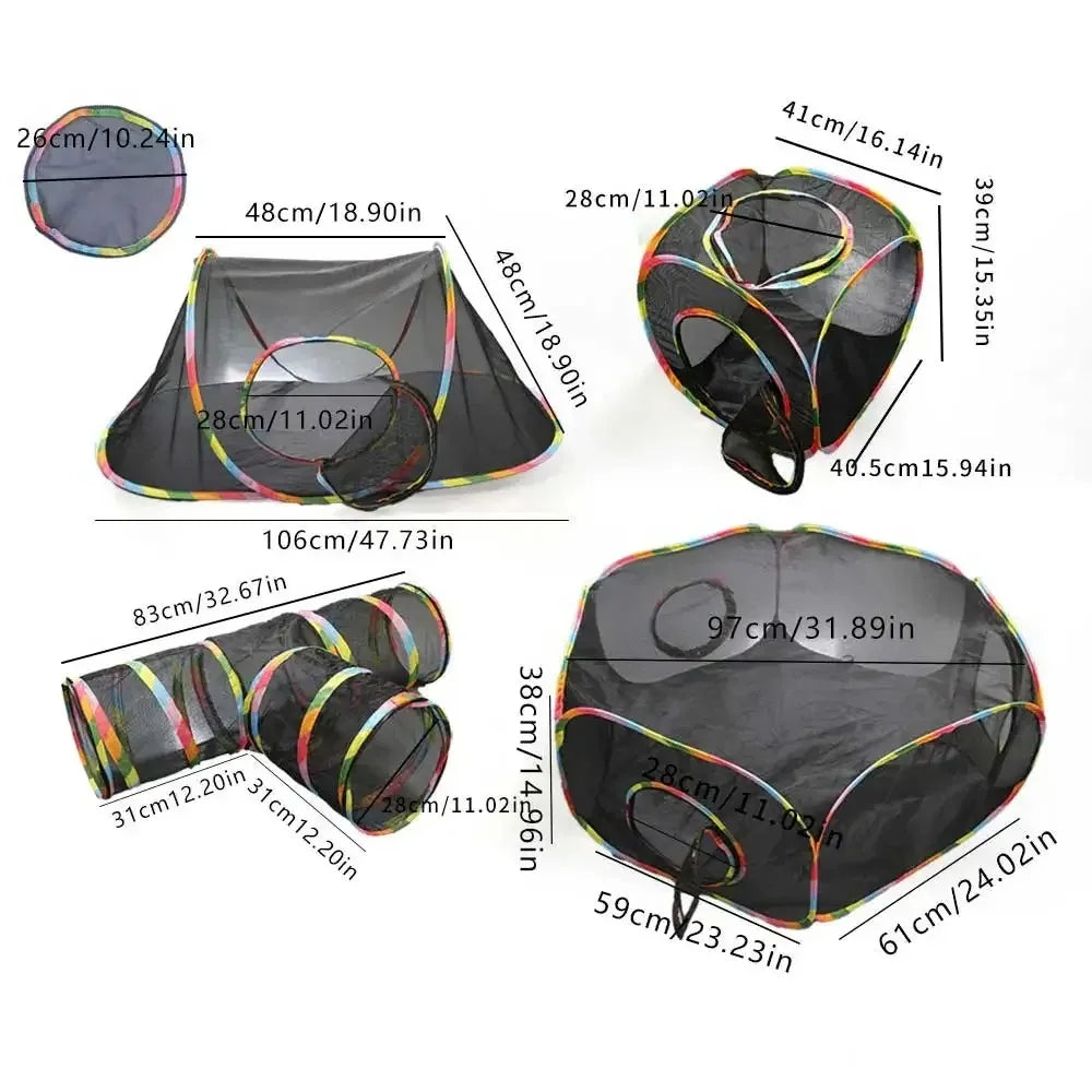 Foldable mesh cat play tunnel featuring a tent and cube design with various sizes shown.