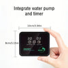 A black smart spray system device is shown next to a hand, illustrating the integration of a water pump and timer.