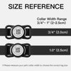 Size reference guide showing collar width ranges for AirTag holders, including 3/4 inch and 1.0 inch options.