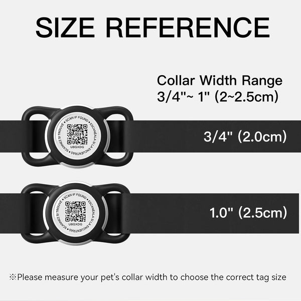 Size reference guide showing collar width ranges for AirTag holders, including 3/4 inch and 1.0 inch options.