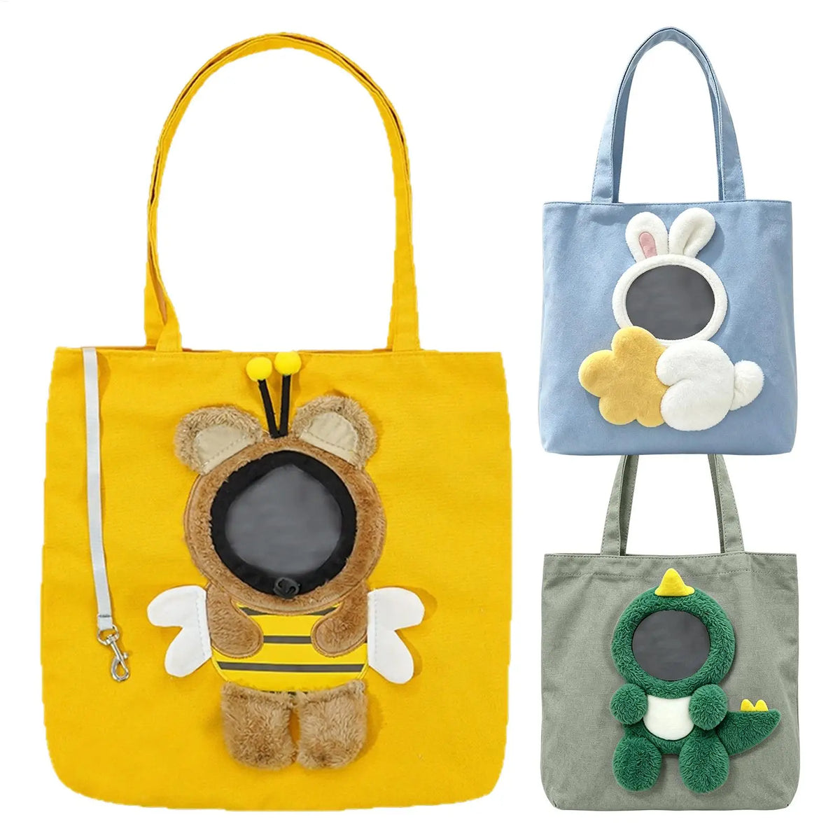 Yellow canvas pet carrier bag featuring a cute bear design with open eyes and white wings