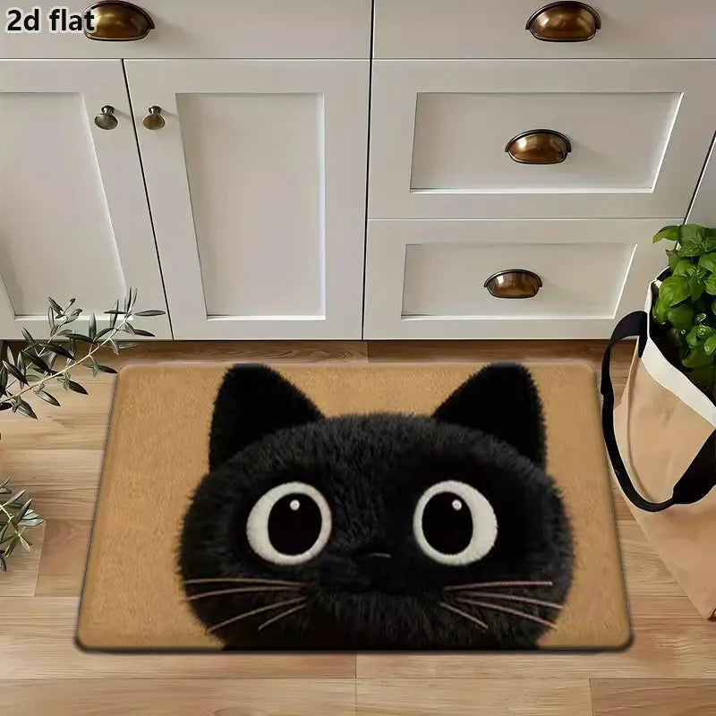 A cute black cat design bathroom mat with large eyes and whiskers placed on a wooden floor.