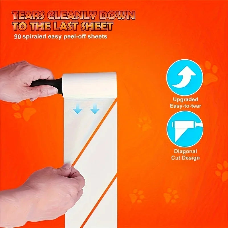 Hands are peeling a sheet of lint roller to remove pet hair, demonstrating the easy tear-off design.