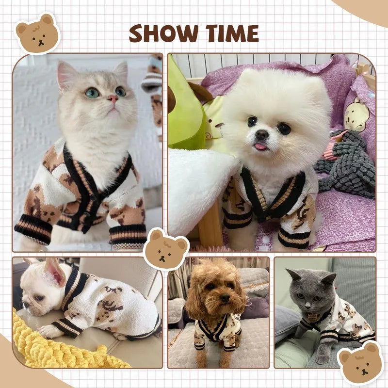 Adorable Bear Pattern Knitted Cardigan for Small Dogs and Cats