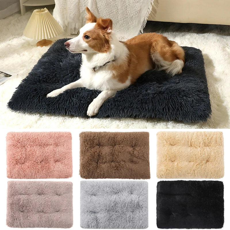 A collection of various colored plush pet bed mats, including pink, brown, beige, gray, and black.