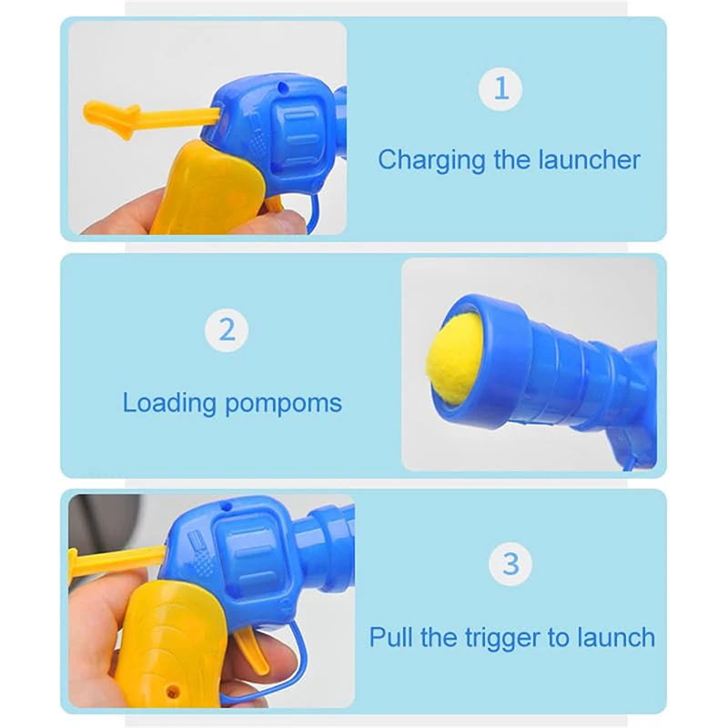 Three steps showing how to charge, load, and launch an interactive plush ball launcher for cats.
