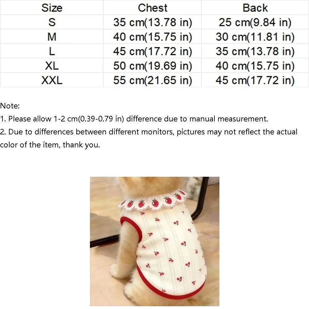 Ruffled Collar Cat Strawberry Vest with Cherry Pattern