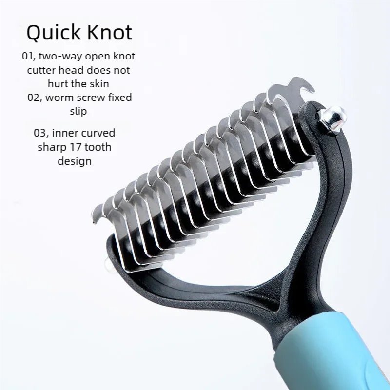 A close-up view of a black pet grooming brush with a light blue handle, showing its inner curved sharp tooth design.