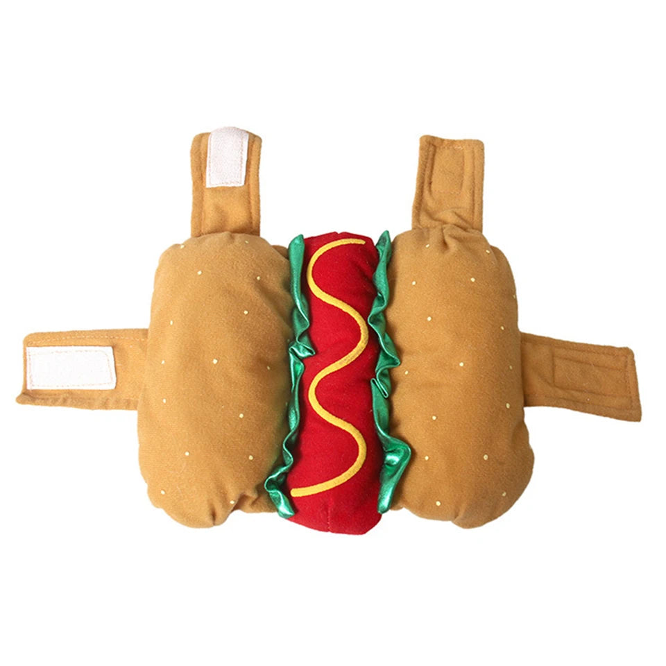 A plush costume resembling a hot dog, featuring brown fabric and a red striped center.