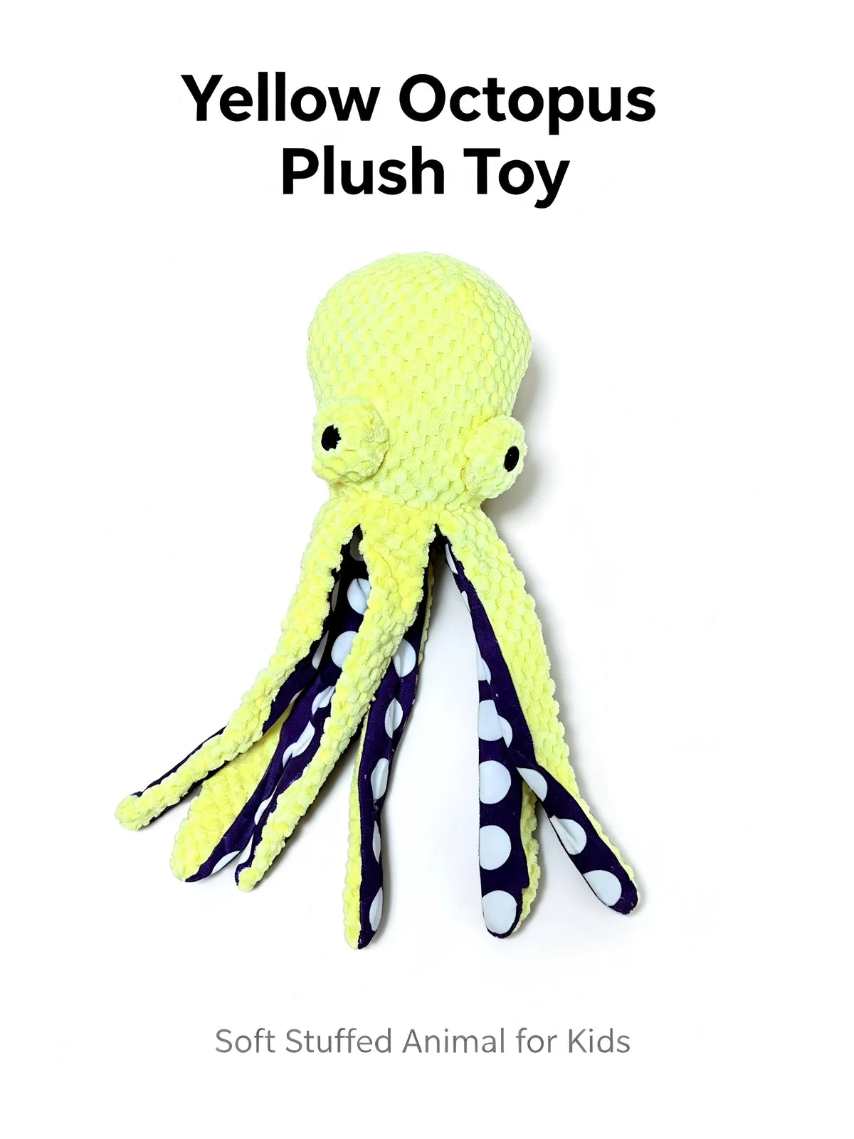 Yellow octopus plush toy with purple accents and a cotton rope tail for interactive play