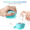 A hand squeezes a silicone pet shampoo brush to dispense liquid, demonstrating its ability to hold up to 60ml of body wash.