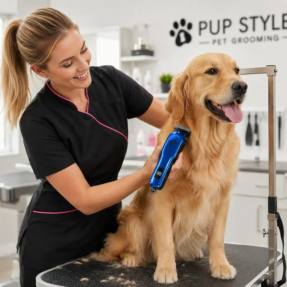 A woman is using a blue pet hair clipper grooming kit on a golden-colored dog.