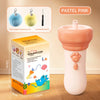 A pink electric interactive cat teaser wand toy with a retractable wand and a cat-shaped dispenser.