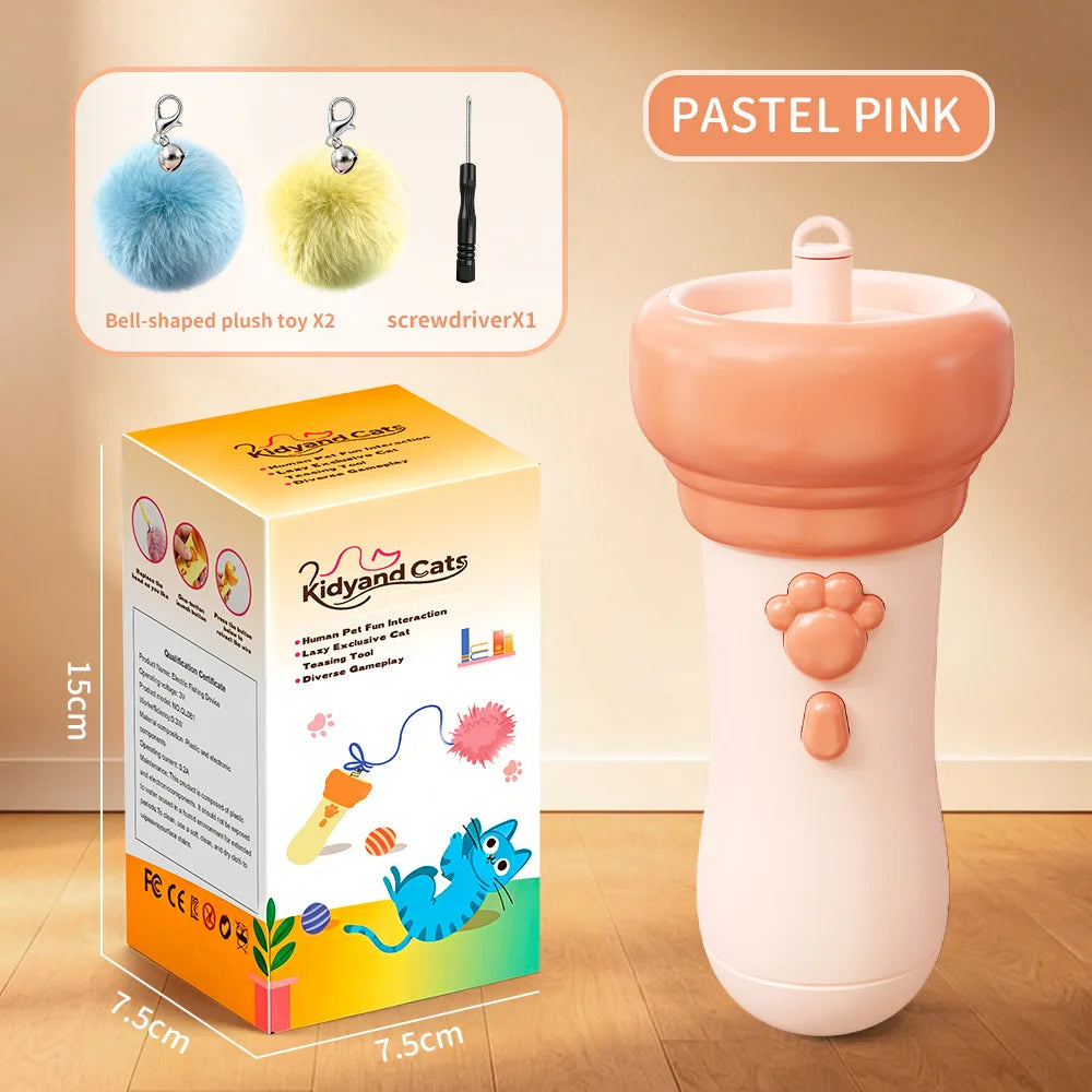 A pink electric interactive cat teaser wand toy with a retractable wand and a cat-shaped dispenser.