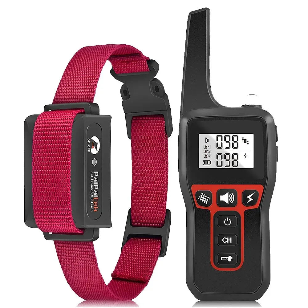 A black dog bark collar with a red strap and a remote control device is shown.