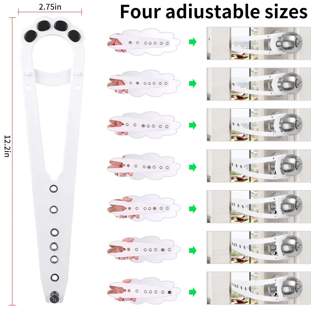 Loquet de portail d'animal blanc ajustable avec quatre tailles de sangles élastiques pour sécuriser les portails.