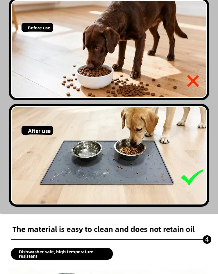 A dog is eating dry food from a silicone pet feeding mat placed on a wooden floor.