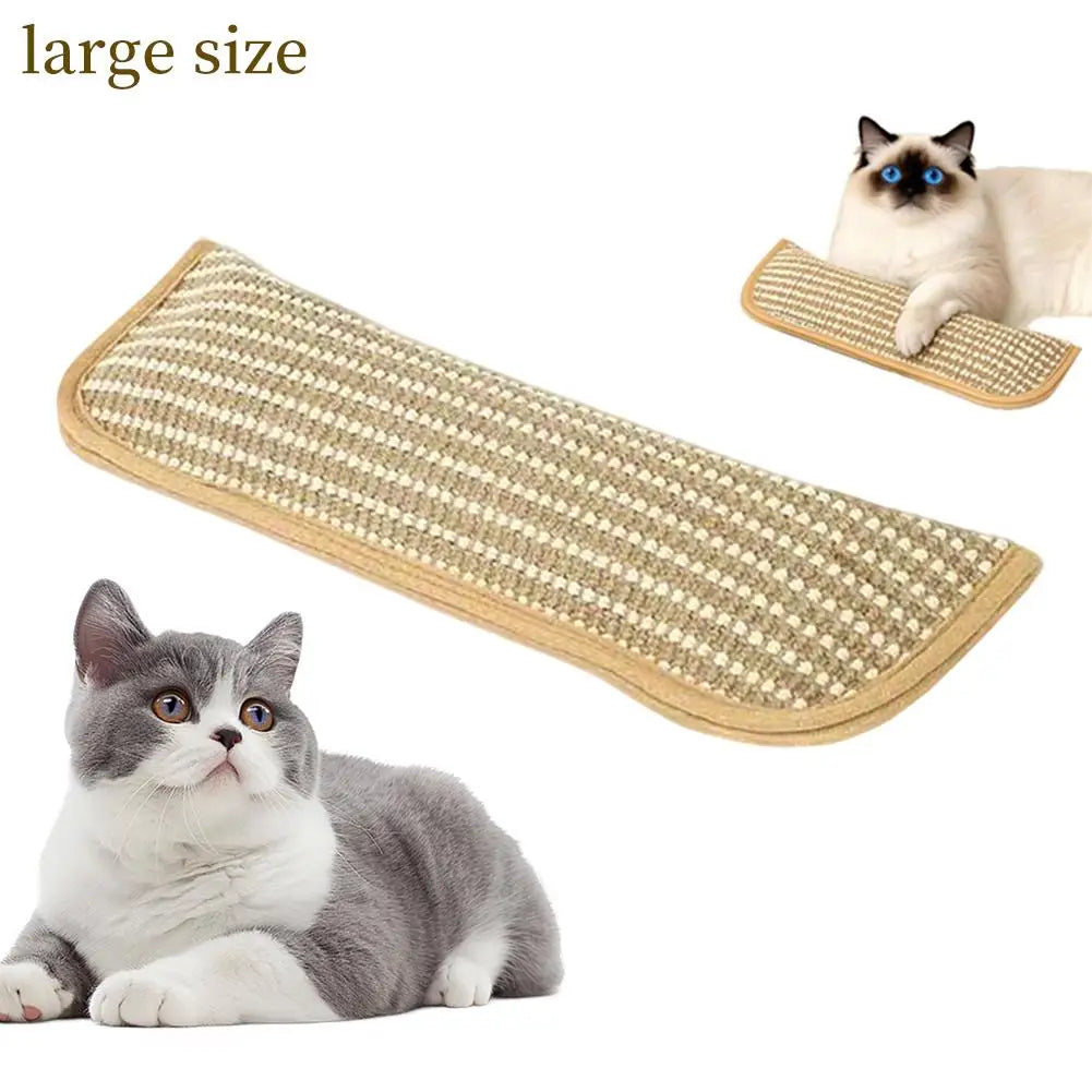 A beige plush cat toy for relaxation and play, shown alongside a cat and a kitten.