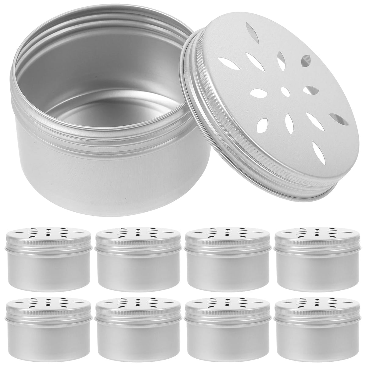Un juego de recipientes de lata blancos para entrenamiento de olor canino, incluyendo un recipiente principal y una tapa.