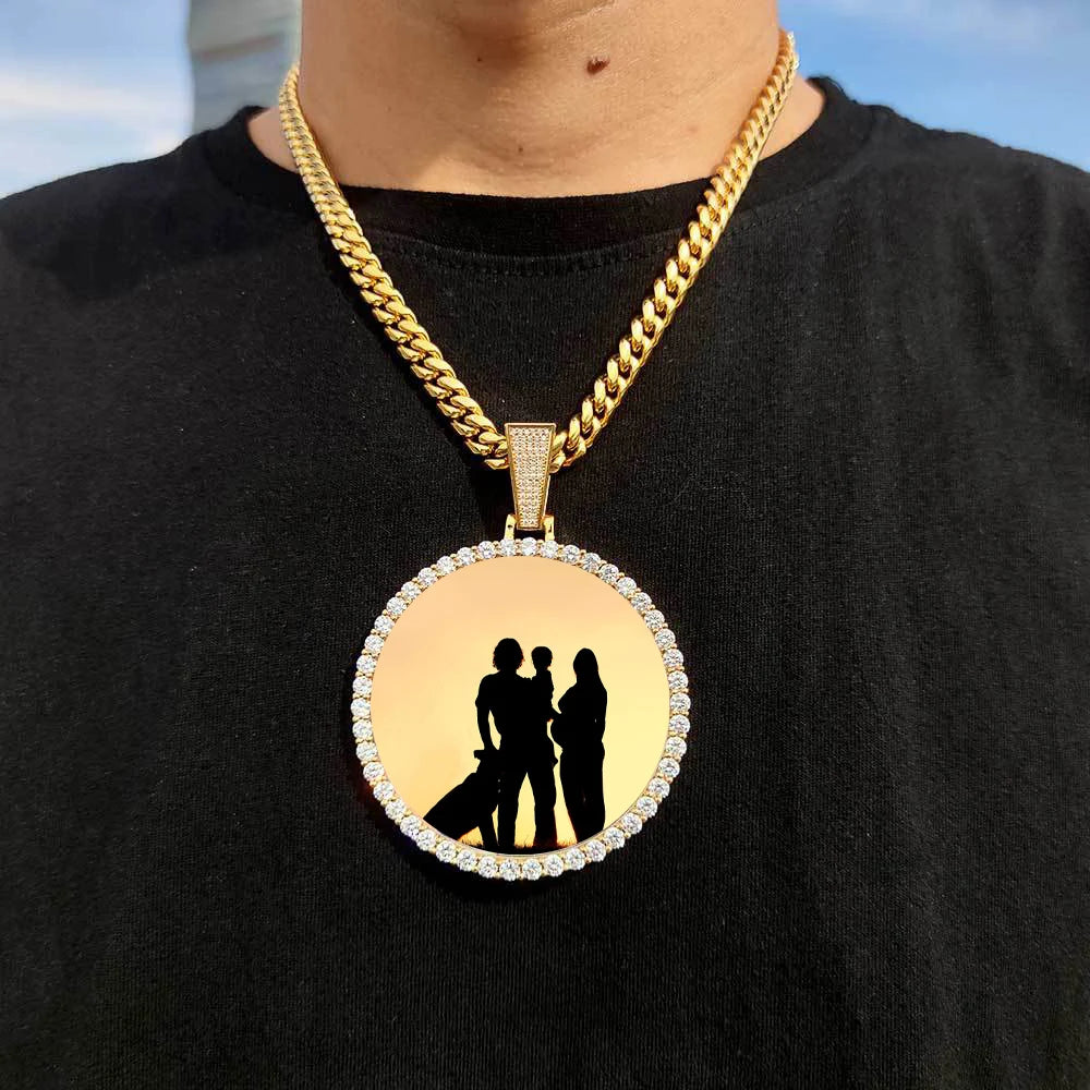 Custom Photo Medallion Pendant Necklace in 18k Gold Finish