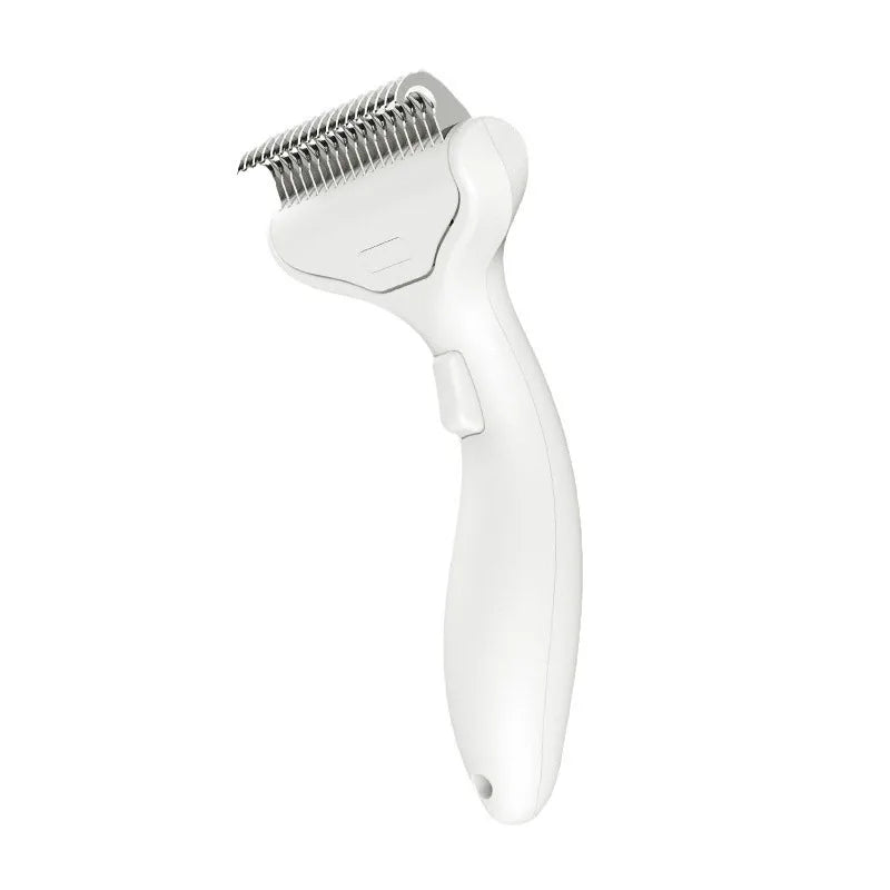 A white one-click detangling pet grooming brush for cats and dogs.