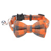 An orange and gray plaid bow tie collar for cats and small dogs.