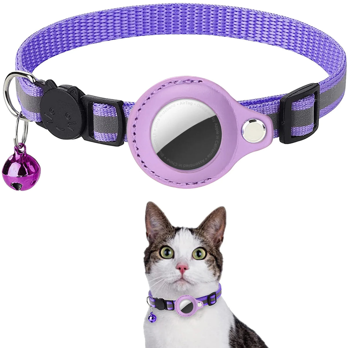 A purple breakaway cat collar with a reflective tag holder and an AirTag attachment, shown next to a cat.